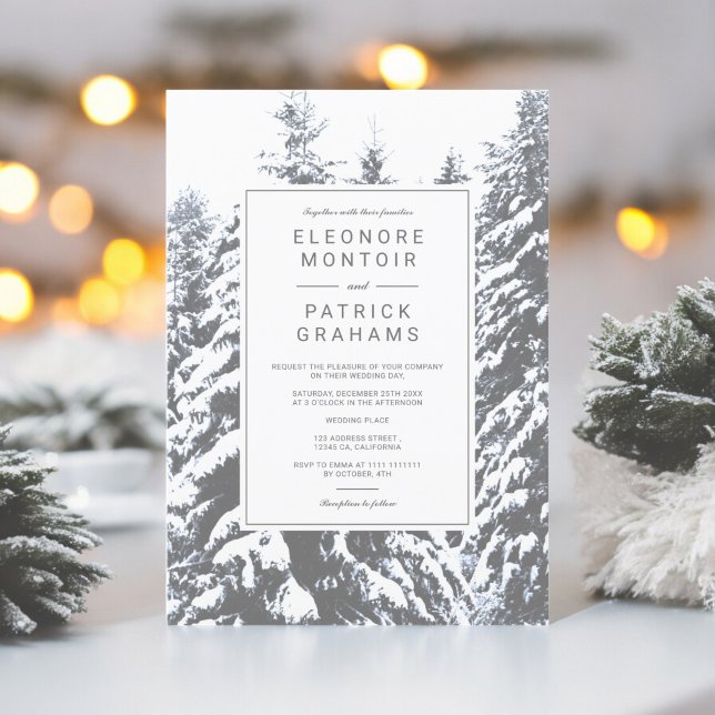 Winterschneebäume Foto Hochzeit Einladung (Winter snow pine trees forest photo chic wedding invitation)