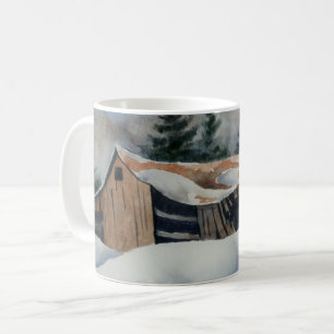 Winterschneebedecktes Ackerfeld verlassene Hausstä Tasse