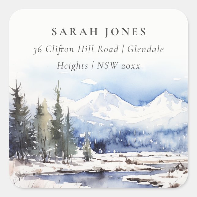 Winterschneeberglandschaft Anschrift Quadratischer Aufkleber (Vorderseite)