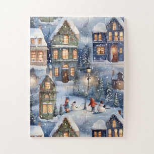 Winterschneedorf bei Nacht Puzzle