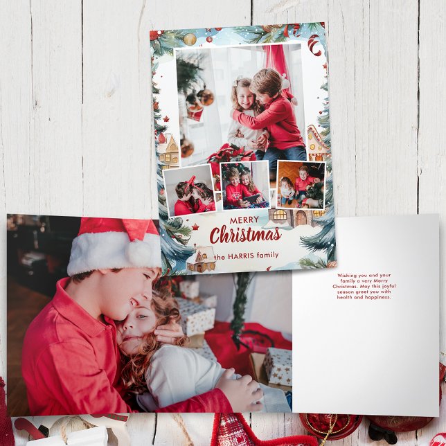 Winterschneedorf mit festlichem vier Foto Dreifach Gefaltete Karte (Von Creator hochgeladen)