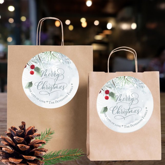 Winterschneefarbene Pastellfarben Aquarellpine Sch Runder Aufkleber (Merry Christmas Winter snowy pastel colors watercolor pine snow classic round sticker)