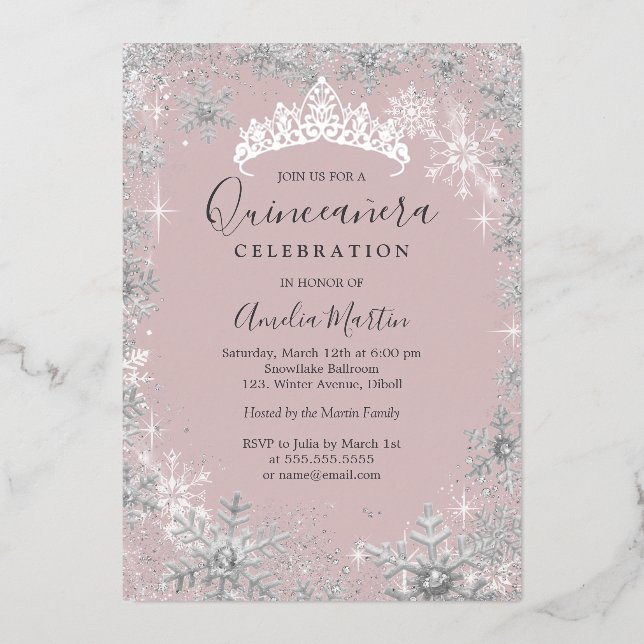 Winterschneeflocke Rock Silver Quinceanera Folieneinladung (Vorderseite)
