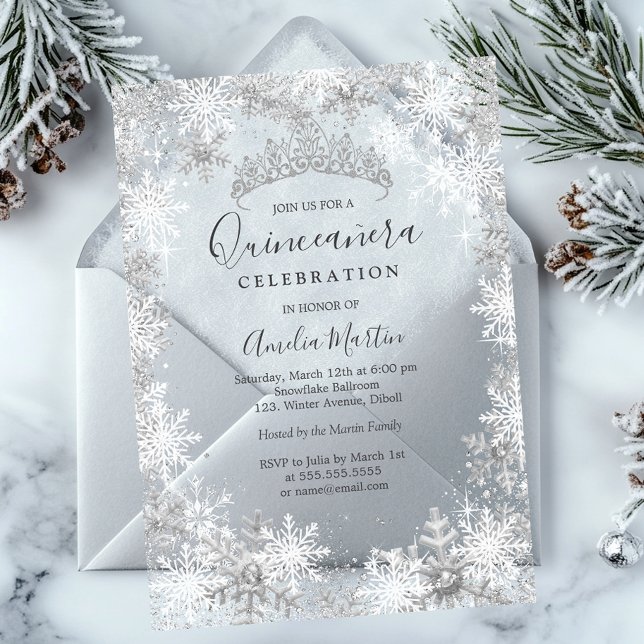 Winterschneeflocken bewaldetes Quinceanera Acryleinladungen (Von Creator hochgeladen)
