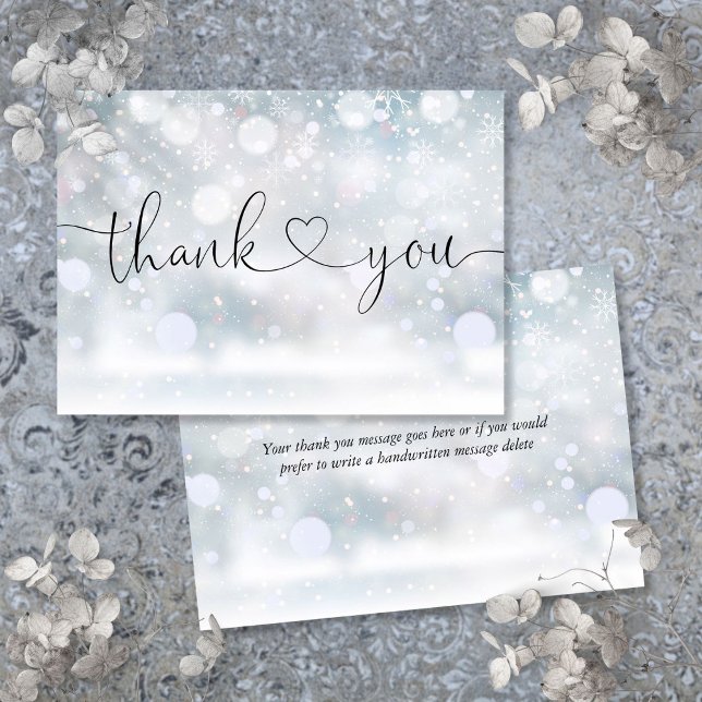 Winterschneeflocken Elegantes Herzensskript Dankeskarte (Winter Snowflakes Elegant Heart Script Thank You Card)