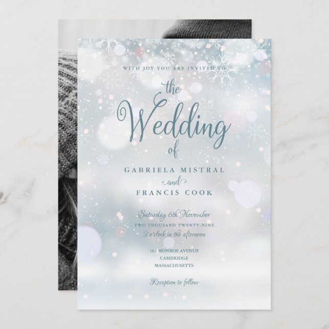 Winterschneeflocken Elegantes Script Foto Hochzeit Einladung (Vorne/Hinten)