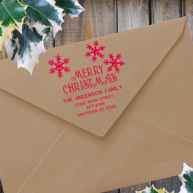 Winterschneeflocken Frohe Weihnachts-Rücksendeadre Permastempel (Use this personalized winter snowflake return address self inking stamp to add a festive touch)