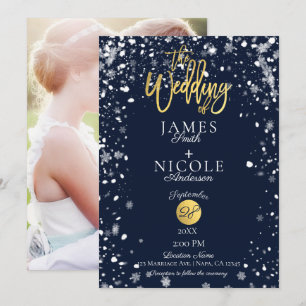 Winterschneeflocken Goldenen Foil Foto Hochzeit Einladung