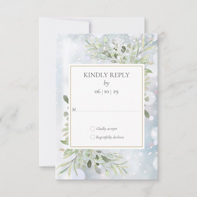 Winterschneeflocken Grüne Hochzeit RSVP Karte (Vorderseite)