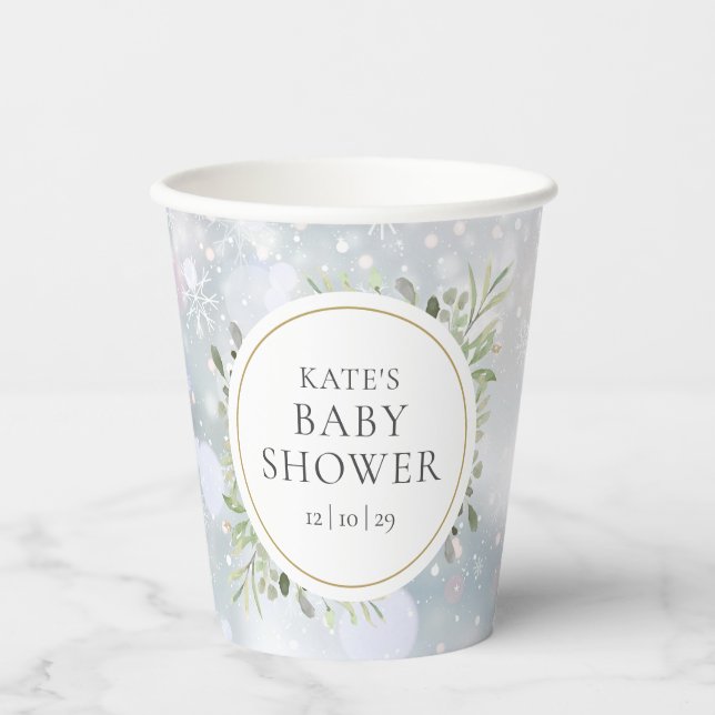 Winterschneeflocken Grüne Kinderdusche Pappbecher (Vorderseite)