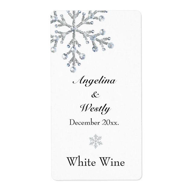 Winterschneeflocken Hochzeitweiliges Weinlabel (Vorne)