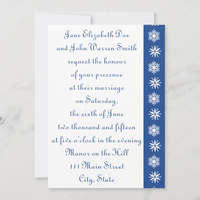 Winterschneeflocken in Blue Wedding Einladung (Vorderseite)
