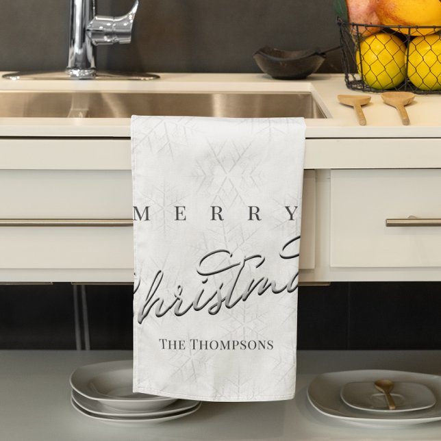 Winterschneeflocken Kalligraphie Geschirrtuch (Merry Christmas silver script snowflake kitchen towel. )