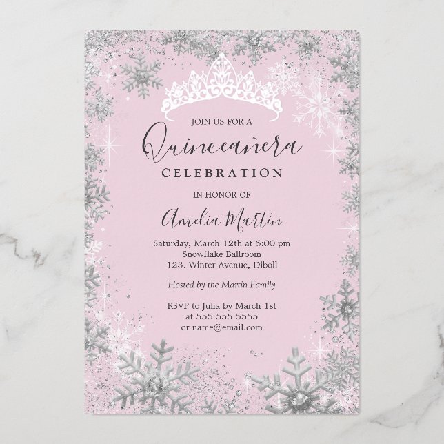 Winterschneeflocken Rosa Silber Quinceanera Folieneinladung (Vorderseite)