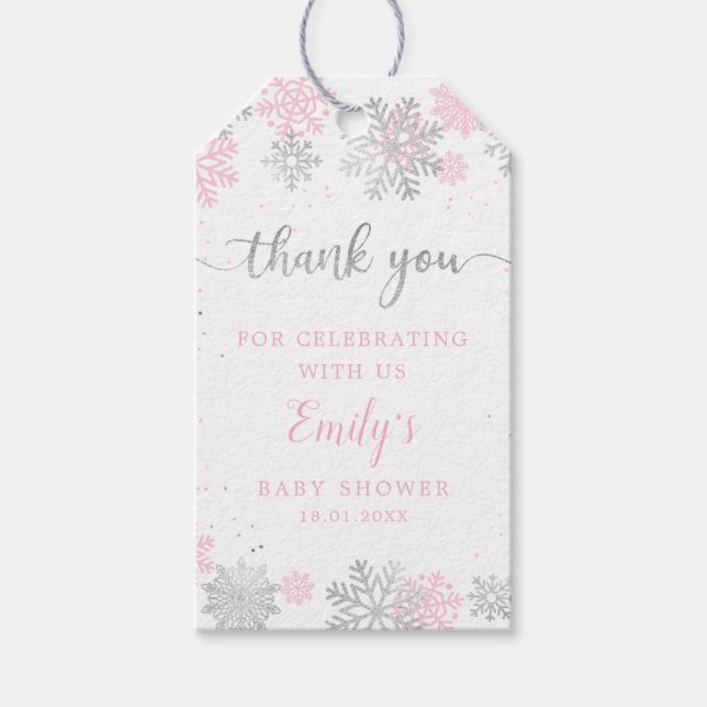 Winterschneeflocken Rosa und Silber Girl Babydusch Geschenkanhänger (Vorderseite)