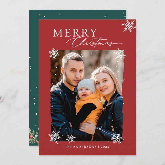 Winterschneeflocken Rot Grün Frohe Weihnachten Fot (Vorne/Hinten)