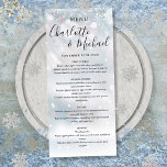 Winterschneeflocken Signature-Skriptmenü für Hochz Menükarte<br><div class="desc">Winterschneeflocken mit elegantem Skript-Hochzeitsmenü mit Signaturstyle-Namen. Diese moderne Speisekarte kann mit Ihren Details in schicken schwarzen Schriftzeichen personalisiert werden. Entwickelt von Thisisnotme©</div>