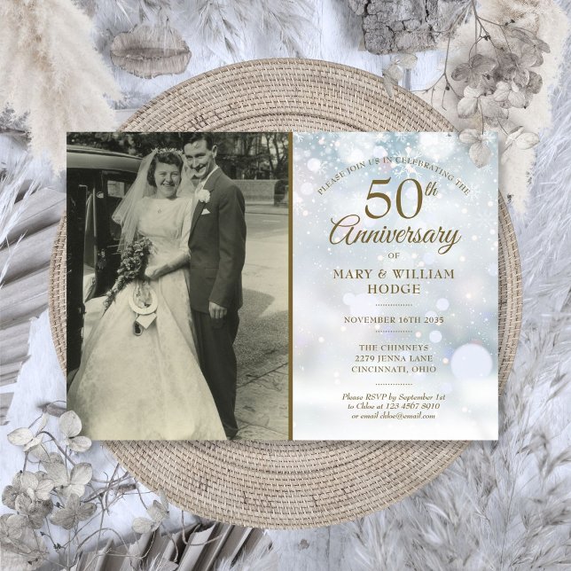 Winterschneeflocken zum 50. Jubiläum Hochzeitsfest Einladung (50th Anniversary Winter Snowflakes Wedding Photo Invitation)