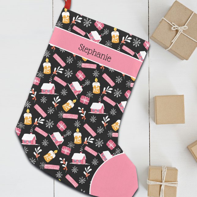 Winterschneeflockenmuster Schwarz-Rosa Custom Kleiner Weihnachtsstrumpf (Von Creator hochgeladen)