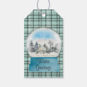 Winterschneeglobe auf Karierter Geschenkmarke Geschenkanhänger