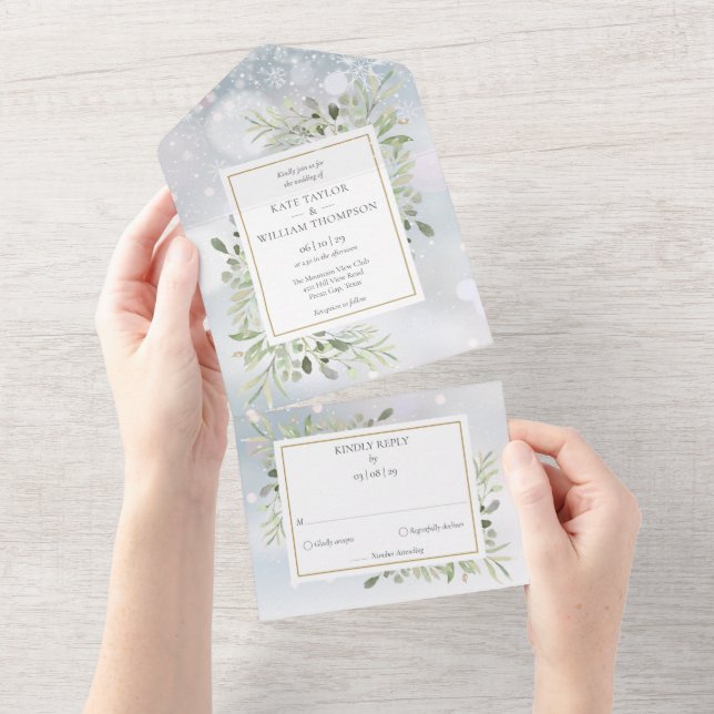 Winterschneegrün-Monogramm-Hochzeit All In One Einladung (Abreißen)