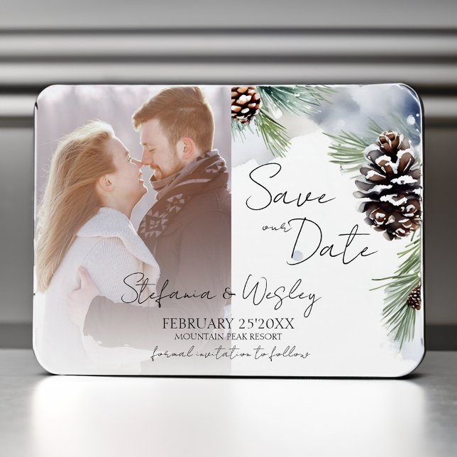 Winterschneekiefern Foto Save the Date Magnet (Winter watercolor snowy pines photo save the date magnet winter themed wedding save the date )