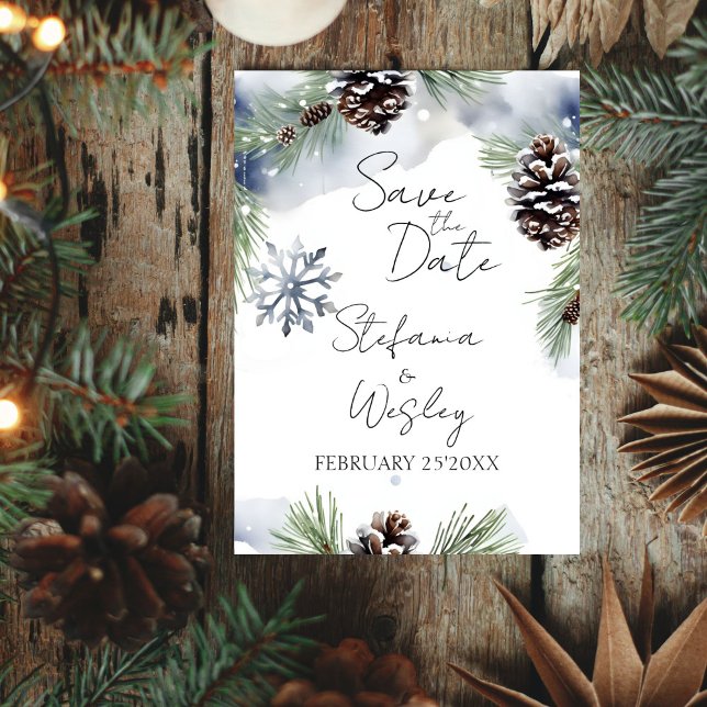 Winterschneekiefern Save the Date (Winter watercolor snowy pines save the date editable template invitation instant digital download QR)
