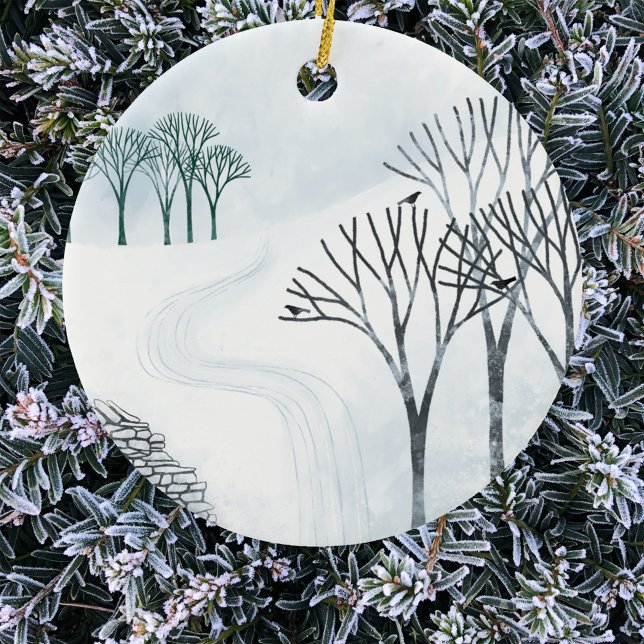 Winterschneelandschaft Keramik Ornament (Winter landscape art Christmas ornament)