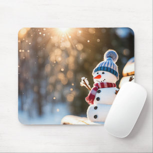 Winterschneemann auf einer Parkbank Mousepad