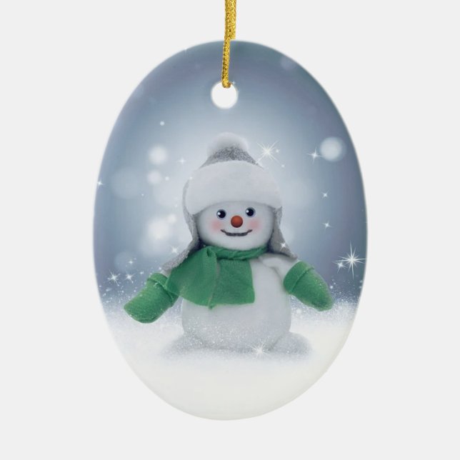 Winterschneemann in Grün Keramik Ornament (Vorne)