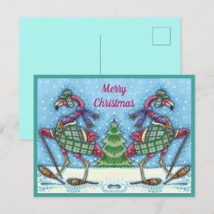 WINTERSCHNEESCHUHE & MANTEL ROSA FLAMINGO WANDERN FEIERTAGSPOSTKARTE