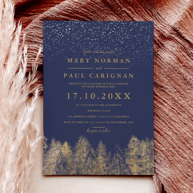 Winterschneesicherheit Blaue Pinienbäume Waldhochz Einladung (Winter snow navy blue pine trees forest wedding invitation)