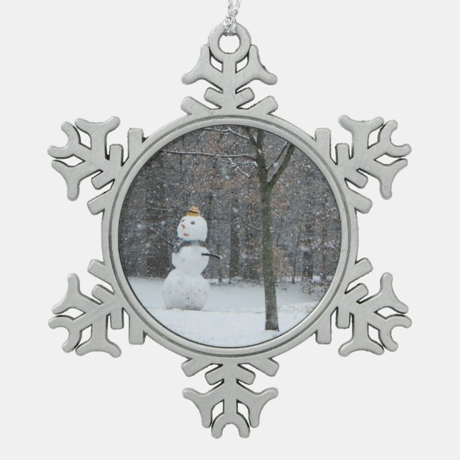 Winterschneeszene der Nachbarin Schneeflocken Zinn-Ornament (Vorderseite)