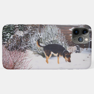 Winterschneeszene mit niedlichem Schwarz-Bein-Hund Case-Mate iPhone Hülle