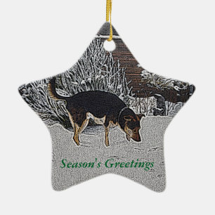 Winterschneeszene mit niedlichem schwarzem und tan keramik ornament