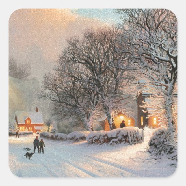 Winterschneeszene Quadratischer Aufkleber (Vorderseite)
