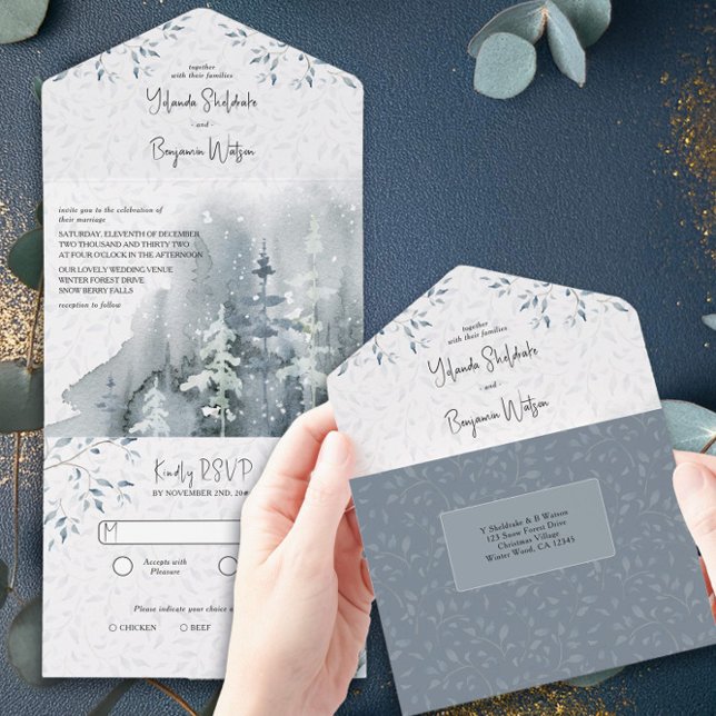 Winterschneewald-Hochzeit mit UAWG All In One Einladung (Trifold wedding invitation with rsvp from the Snow Forest wedding collection by Darling & May)