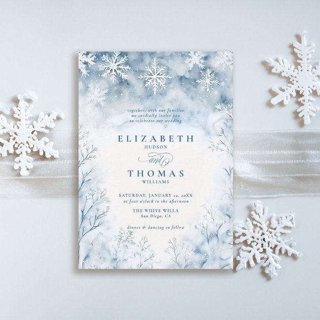 Winterschneewald Rustikale Hochzeit Einladung (winter wedding invitation elegant white falling snow rustic elegant forest frozen trees watercolor)