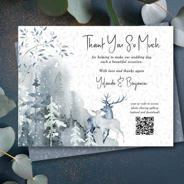 Winterschneewald und Hirsch Dankeskarte (Thank you card with photo sharing qr code from the Snow Forest wedding collection by Darling & May)