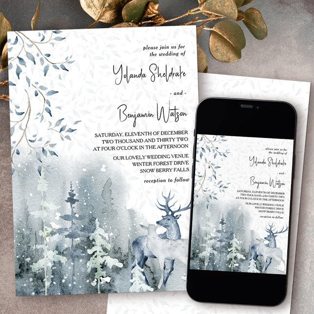 Winterschneewald und Hochzeit von Dusty Blue Einladung (Wedding invitation from my Snow Forest Winter Wedding collection)