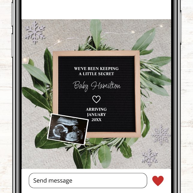 Winterschwangerschaft Kleines geheimes Snowflake-S Ankündigung (winter photo pregnancy announcement card ultrasound sonogram little secret snowflake)