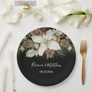 Winterschwarz und Weiß-Elegante Script-Hochzeit Pappteller
