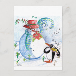 Winterserenade des Schneemanns und des Pinguins Postkarte