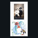 WINTERSERENADE VON SNOWMAN UND PENGUIN KARTE<br><div class="desc">Whimsikale,  farbenfrohe,  pastellfarbene Malerei in blauen Rottönen,  Schneemann und Pinguin im Winterschnee mit roten Blume, Schnörkel.von Bulgan Lumini (c)</div>