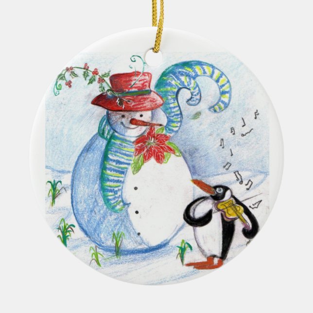 WINTERSERENADE VON SNOWMAN UND PENGUIN KERAMIKORNAMENT (Vorne)