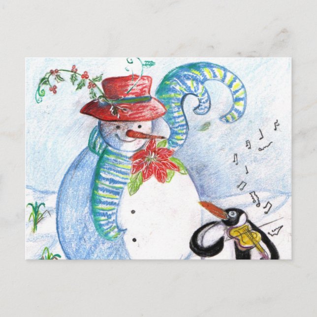 WINTERSERENADE VON SNOWMAN UND PENGUIN POSTKARTE (Vorderseite)