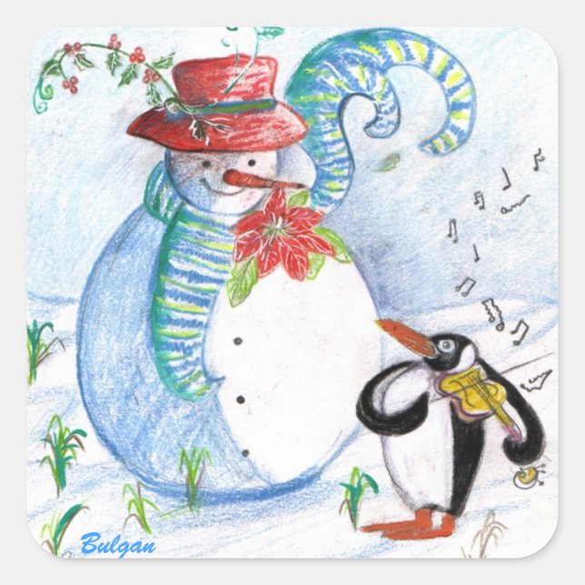 WINTERSERENADE VON SNOWMAN UND PENGUIN QUADRATISCHER AUFKLEBER (Vorderseite)