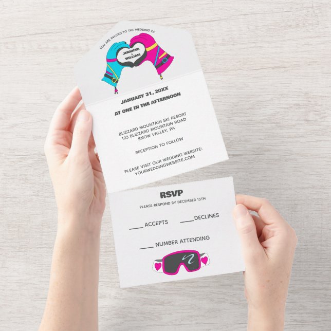 Winterski-Handschuhe in Herzform Hochzeit All In One Einladung (Abreißen)