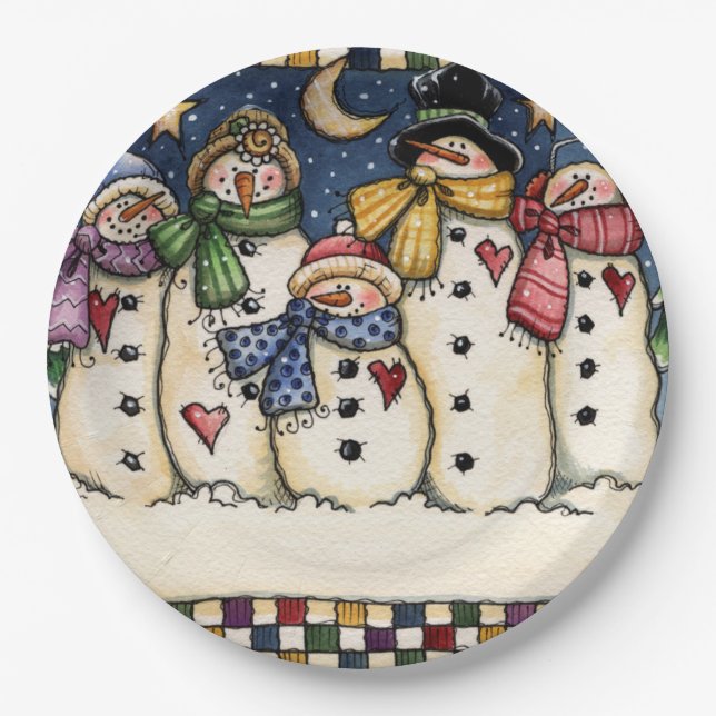 Wintersnowman-Familien-Weihnachtspapier-Teller Pappteller (Vorderseite)