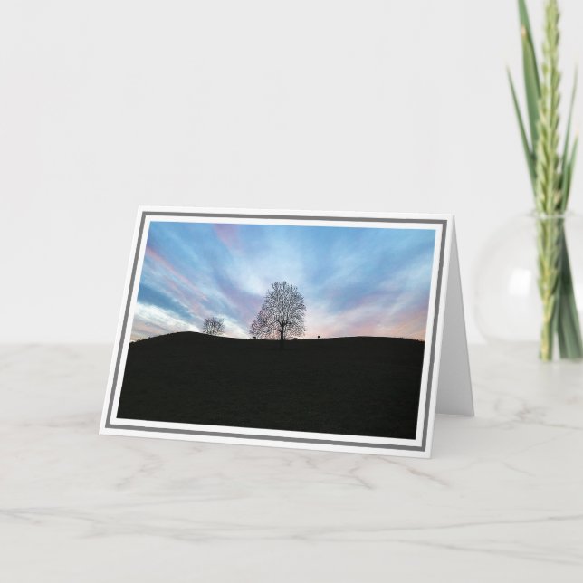 Wintersonne mit bläulichem Himmel, Bäume und Pferd Karte (Vorderseite)